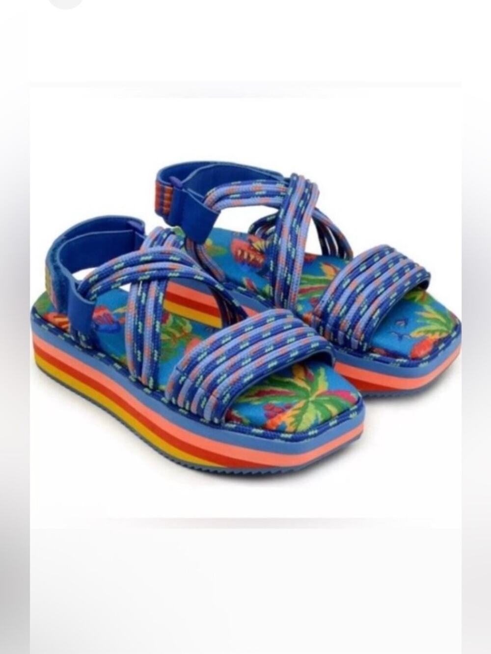 Farm Rio Macaw Blue Strappy Platform Sandals Rainbow Sz 9